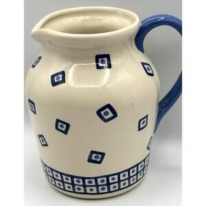 Vintage Printed Ceramic Pitcher Blue Small Vase Hand Painted 6.5" Patterned Dots
